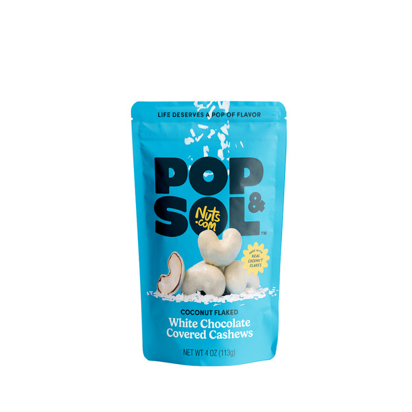 Pop & Sol White Chocolate Coconut Flaked Covered Cashews
