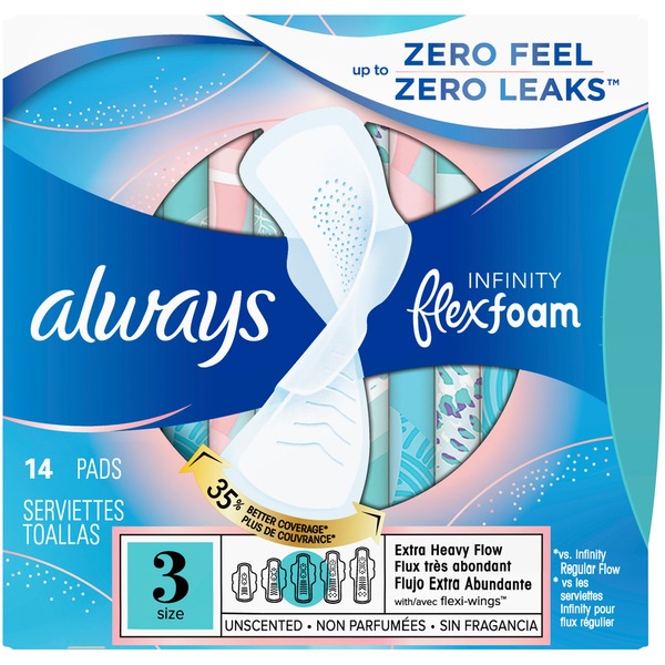 Always Infinity Extra Heavy Sanitary Pads With Wings Unscented 14 Ct