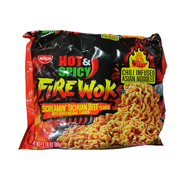 Nissin Asian Noodles, Screamin' Sichuan Beef Flavor, Hot & Spicy, Fire Wok