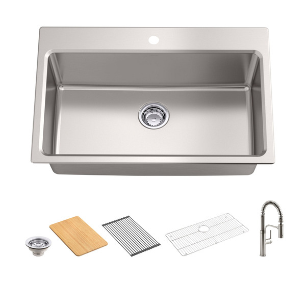 Kohler Provo 33" Dual Mount Single-bowl Workstation Kitchen Sink Kit, Stainless Steel