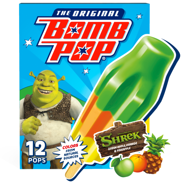 Bomb Pop Shrek Pops, Frozen Dessert Bar, Green Apple, Orange, Pineapple, 12 Pack