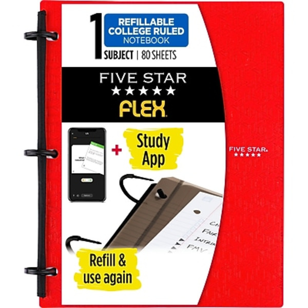 Mead 08120 Assorted Designs 80-Sheets Five Star Flex 1-Subject College Ruled Hybrid Notebook Binder