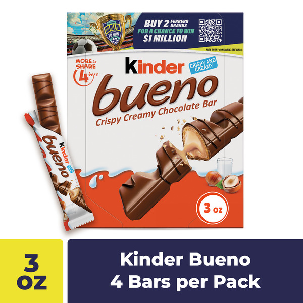 Kinder Bueno Milk Chocolate and Hazelnut Cream, 1 Pack, 4 Individually Wrapped Chocolate Bars, 3 oz