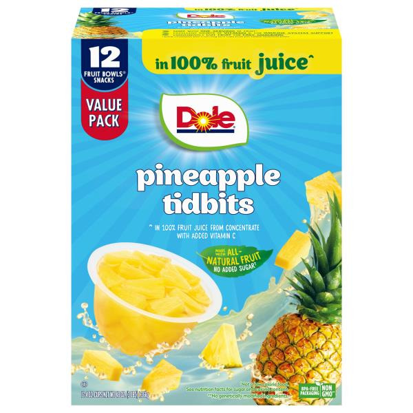 Dole Fruit Bowls Snack, in 100% Fruit Juice, Pineapple Tidbits