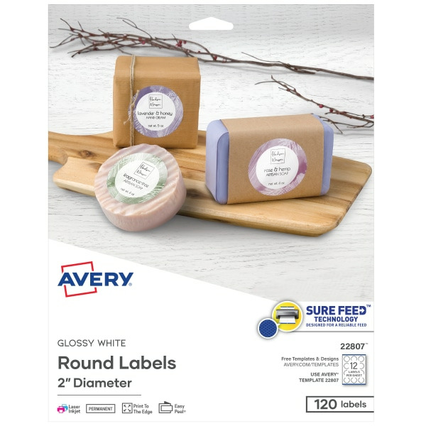 Avery Round Labels, Print-to-the-Edge, Laser, Ink Jet, Glossy White