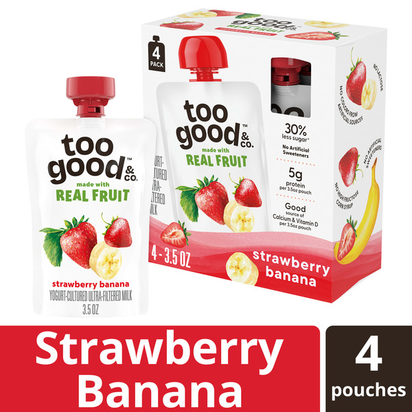 Too Good & Co. Strawberry Banana Yogurt-Cultured Ultra-Filtered Milk Pouches, Portable Kids Snacks Made with Real Fruit, 3.5 oz, 4 Count​