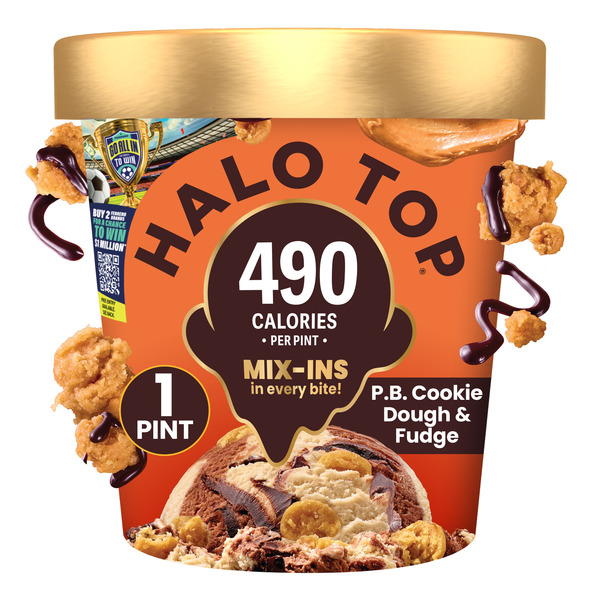 Halo Top Peanut Butter Cookie Dough and Fudge Light Ice Cream, Lower Calorie Frozen Dessert Pint, 16 fl oz
