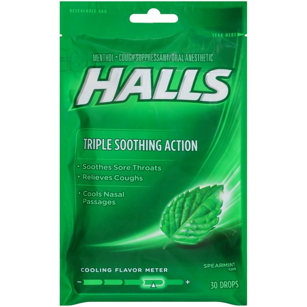 Halls Spearmint Menthol Drops Cough Suppressant/Oral Anesthetic (30 ct
