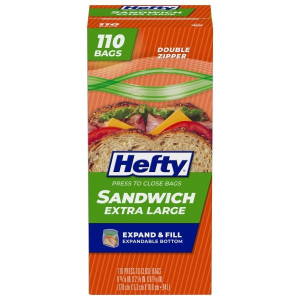 Hefty Press to Close Bags, Sandwich, Double Zipper, Extra Large Same ...
