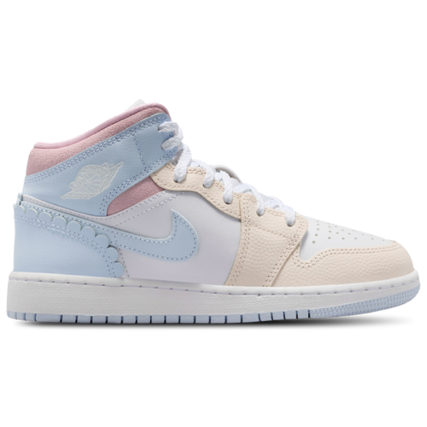 Jordan Kids' Grade School Air Jordan 1 Mid Basketball Shoes, Size 7, Medium/B Width - Half Blue & Pale Ivory & White & Medium Soft Pink & Vapor Green