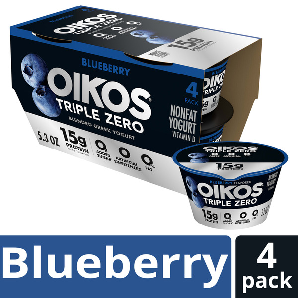 Oikos Triple Zero 15g Protein Blueberry Greek Yogurt, 90 Calories, 0g Added Sugar and 0 Artificial Sweeteners, Nonfat Yogurt Pack, Great for Office Snacks, 5.3 oz Cups, 4 Count