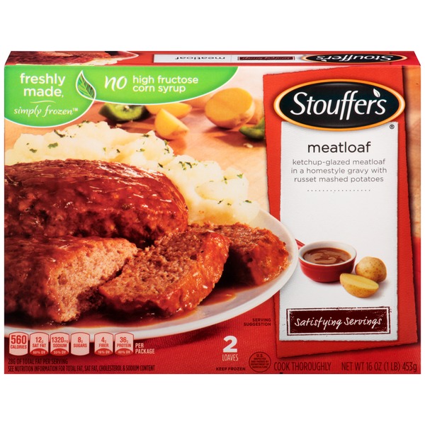Stouffer's Satisfying Servings Two meatloaves glazed with ketchup in a