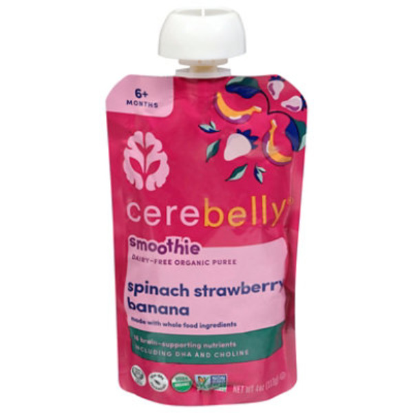 Cerebelly Smoothie, Dairy-Free, Organic, Spinach Strawberry Banana, 6+ Months