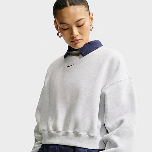 Nike Women's Studio Fleece Medium Weight Oversized Cropped Crewneck Sweatshirt, S - Birch Heather/Black