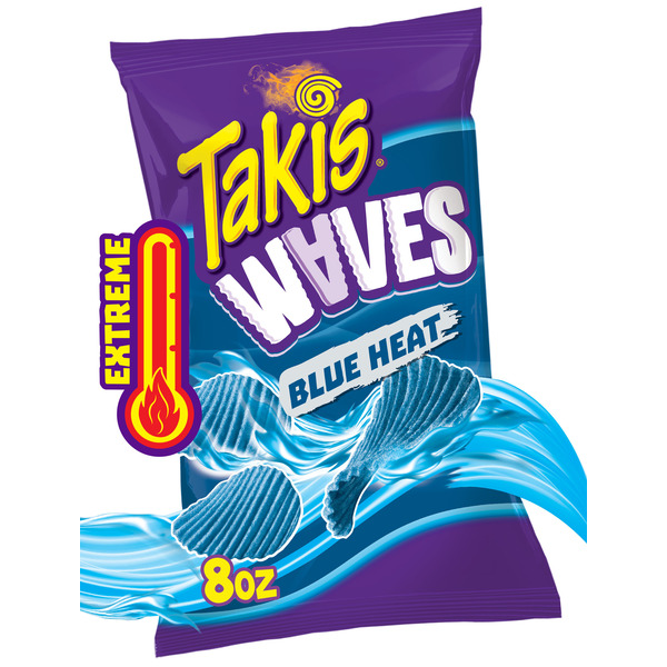 Takis Blue Heat Waves 8 oz Sharing Size Bag, Hot Chili Pepper Flavored Extreme Spicy Wavy Potato Chips