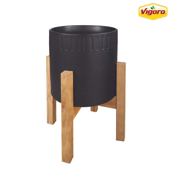 Flora Bunda 10 In. Clementine Medium Black Ceramic Round Indoor Planter With Wood Stand (10 In. D X 16 In. H)