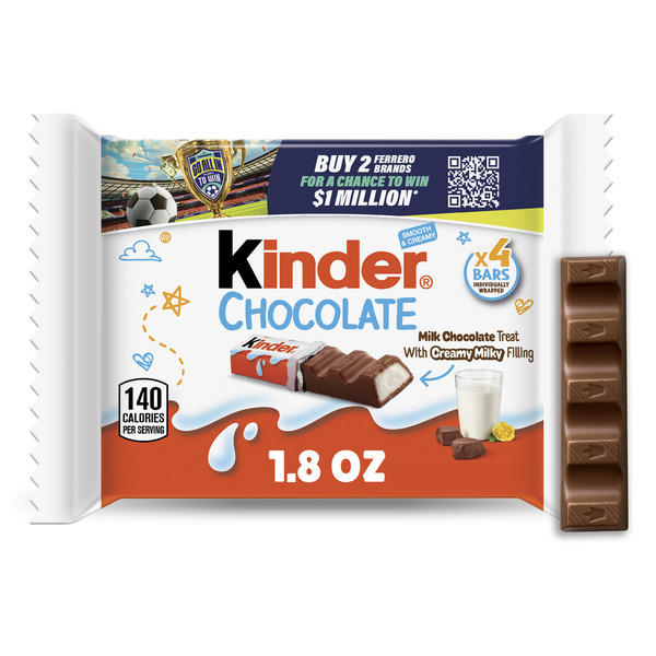 Kinder Chocolate Milk Chocolate Bars with Creamy Milky Filling, 4 Individually Wrapped Bars per Pack, 1.8 oz