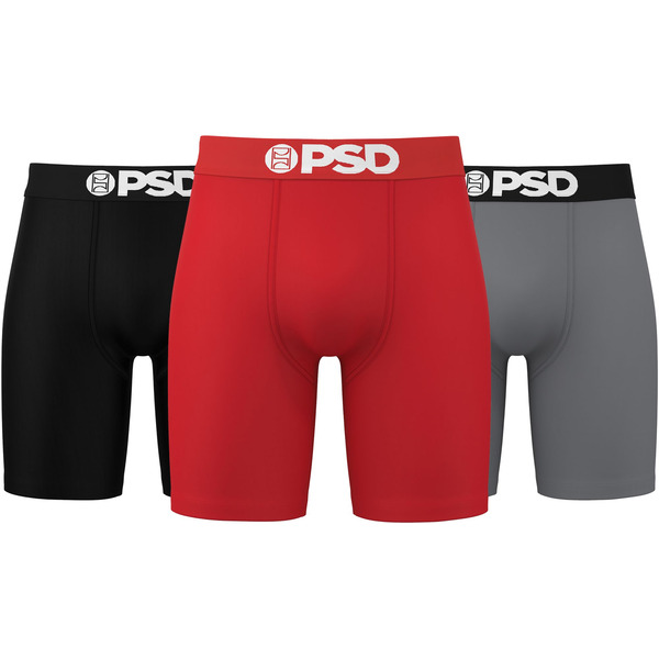 PSD Underwear Men's Solid Cotton Boxer Briefs, M, 3 Pack - Red, Grey & Black
