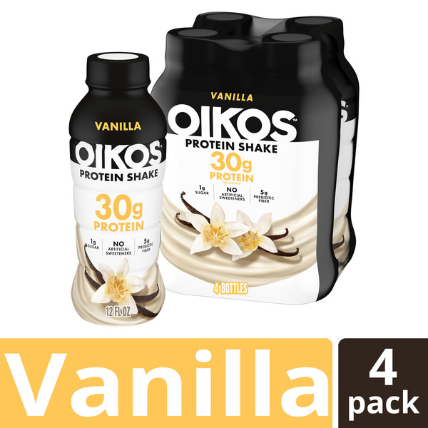 Oikos Protein Shake, Vanilla, 30g High Protein Drinks, Shelf Stable, Ready to Drink, 5g Prebiotic Fiber, 12 fl oz Bottle, 4 Count​