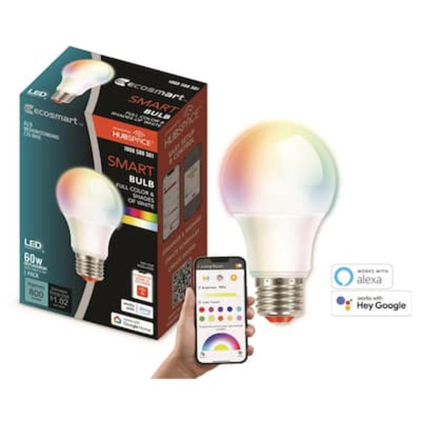 Ecosmart 60-watt Equivalent Smart A19 E26 Base Color Changing Cec Led Light Bulb With Voice Control (1-bulb) Powered By Hubspace