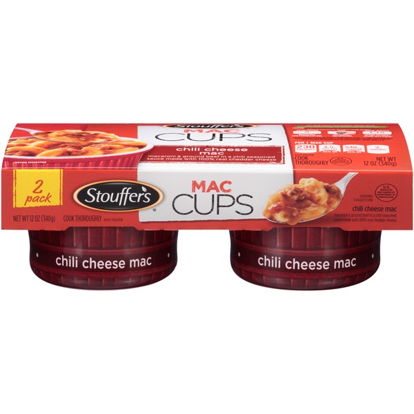 Stouffer's Mac Cups Macaroni & ground beef in a chili seasoned 100 real cheddar cheese sauce