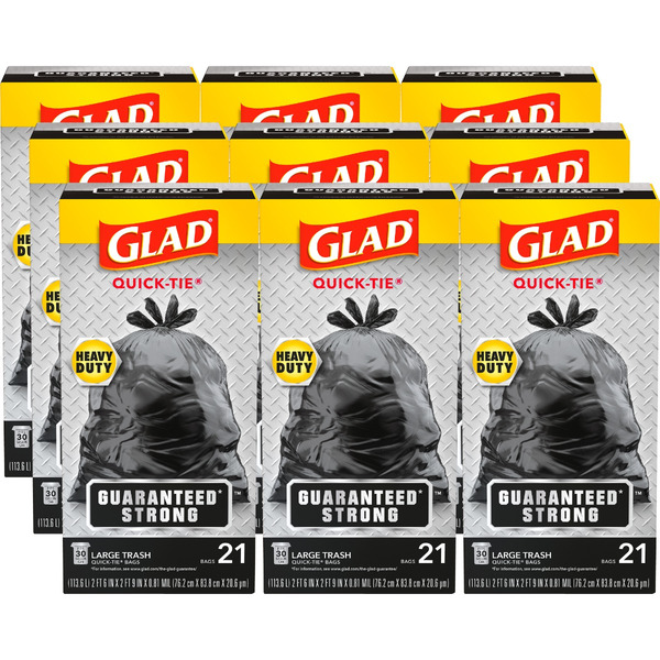 Glad Strong Quick-Tie Large Trash Bags, 30 Gallon, 21 Count, Pack of 9