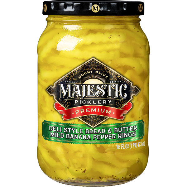Majestic Picklery Pickles, Banana Pepper Rings, Deli Style Bread & Butter, Mild, Premium