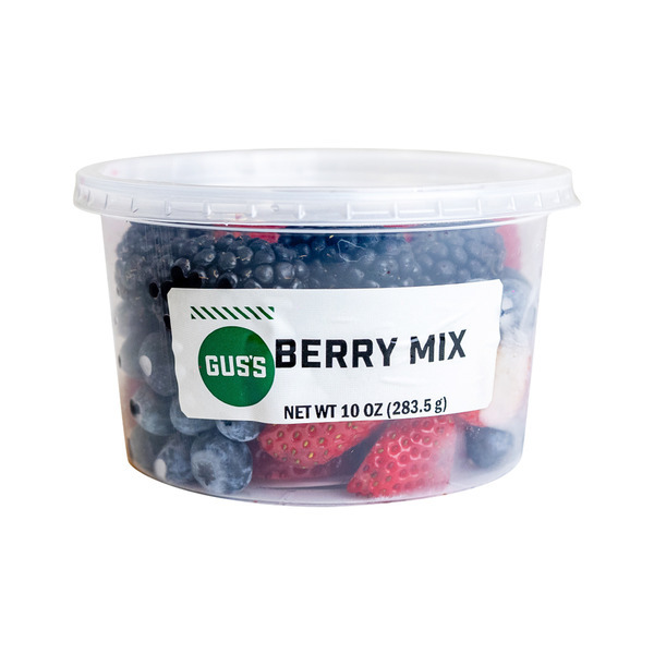 A clear plastic tub labeled 'Gus's Berry Mix' with a green and yellow label.