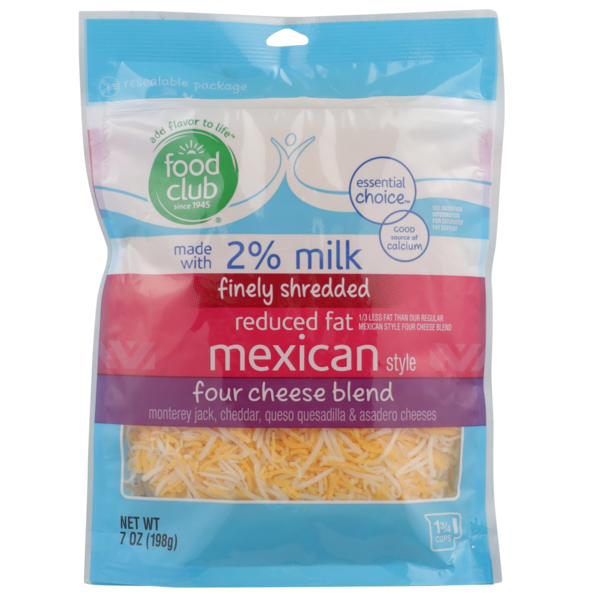 Food Club Reduced Fat Mexican Style Four Cheese Blend Monterey Jack, Cheddar, Queso Quesadilla