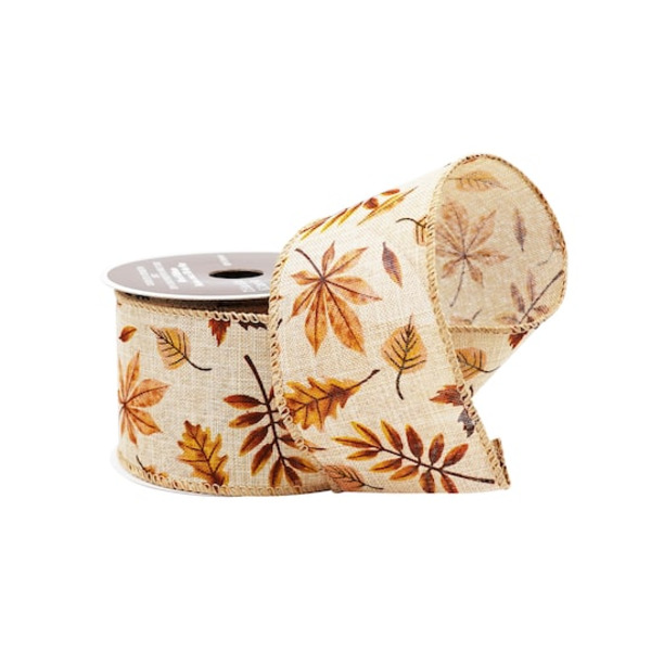 Celebrate It Fall Leaves Wired Faux Linen Ribbon, 2.5 in x 6.6 yd