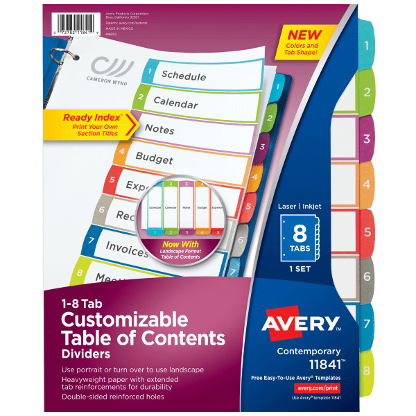 Avery 1-8 & Customizable Table Of Contents Ready Index Preprinted Tab Dividers - White & Multicolor - 8.5" x 11"