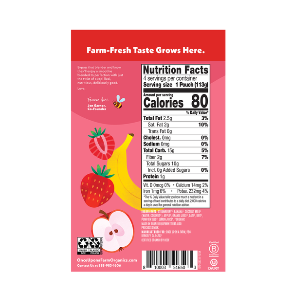 Once Upon a Farm Dairy-Free Smoothie Strawberry Banana Swirl Multipack, 4-4oz Pouches