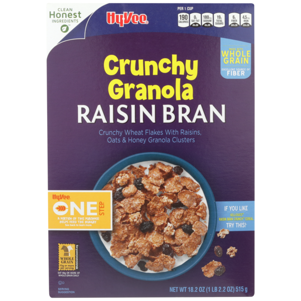 HyVee One Step Crunchy Granola Raisin Bran Crunchy Wheat Flakes With Raisins, Oats & Honey