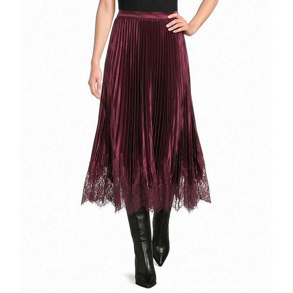 Current Air Satin Pleated Elasticized Waist Pleated Lace Hem Midi Length A-line Skirt