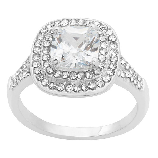 City Luxe Silver Tone Clear Cubic Zirconia Cushion Cut Double Halo Ring, Women's, Size: 7