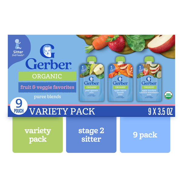 Gerber Stage 2 Baby Food Organic Fruit And Veggie Favorites Puree Pouches Variety 9Pk