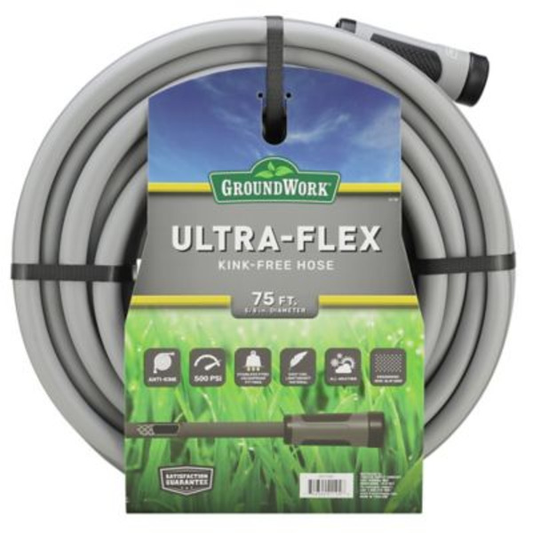 Ground Work 5/8 in. x 75 ft. Ultra-Flex Kink-Free Garden Hose, 500 PSI, Gray