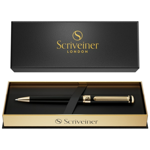 Scriveiner Refill Lacquer Ballpoint Stunning Luxury Pen with 24K Gold Finish - Black with Gold Appointments