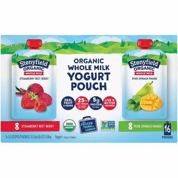 Stonyfield Organic Whole Milk Pouch Variety, 16 x 3.5 oz