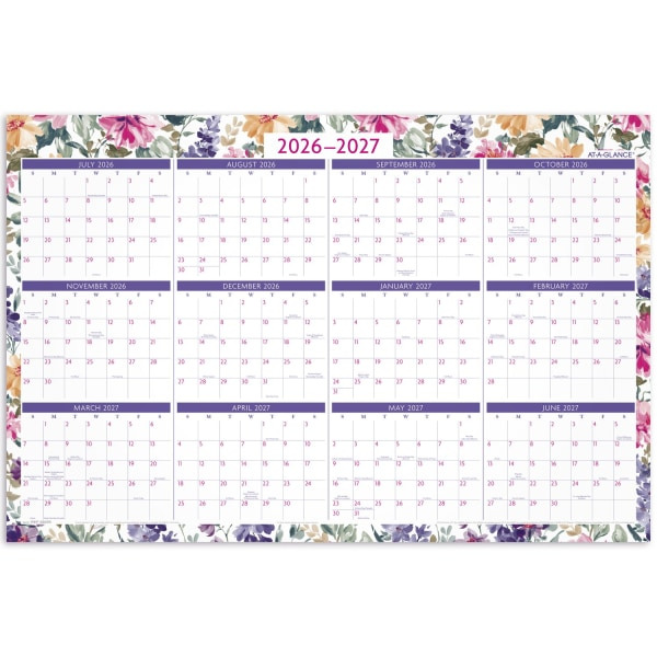 AT-A-GLANCE BADGE Reversible & Erasable Academic & Regular Year 2026-2027 Wall Calendar, Extra Large, 24 x 36 in - Floral