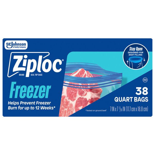 Ziploc Quart Freezer Storage Bags, Stay Open Design, Easy to Fill