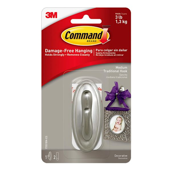 National Brand Command™ Traditional Medium Hook, 1-Hook, 2-Strips/Pack, Brushed Nickel