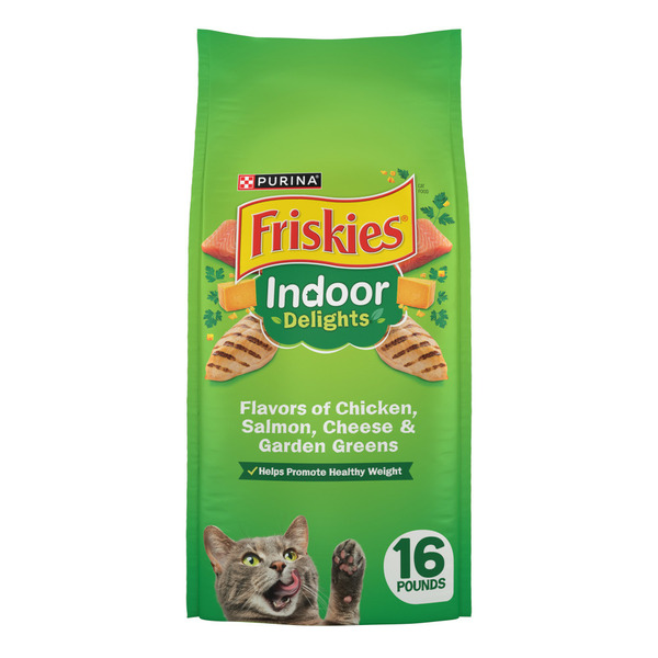 Purina Friskies Dry Cat Food Indoor Delights Flavors of Chicken, Salmon, Peas, and Carrots