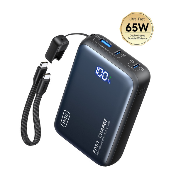 INIU Leopard Power 20000 mAh PD 65W Fast Charging Power Bank With Attached USB-C Cable - Black