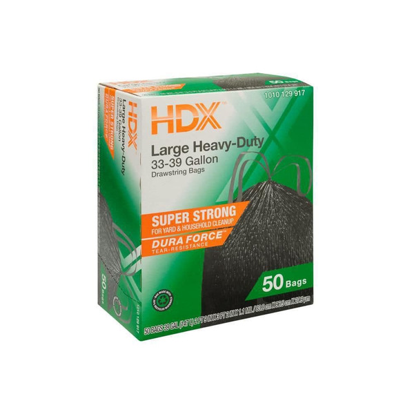 HDX 33-39-gal. Black Heavy Duty Drawstring Trash Bags With 20% Pcr (50-count)