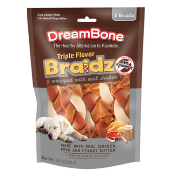 DreamBone Triple Flavor Braidz Wrapped With Real Chicken Vegetables & Chicken Dog Chews