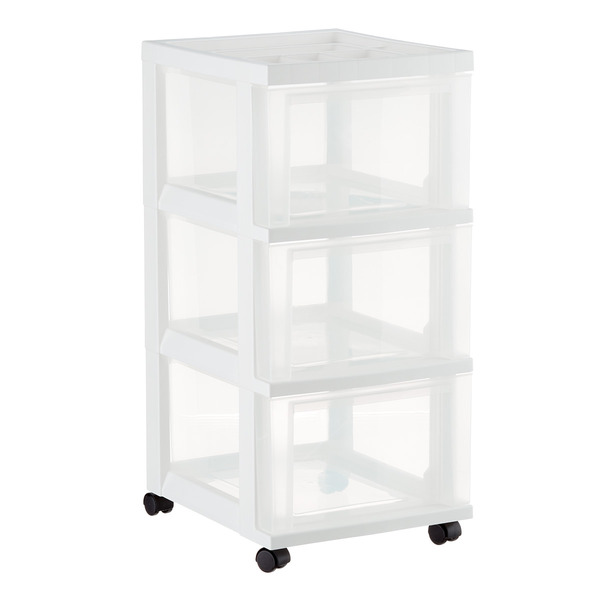 IRIS USA Clear 3-Drawer Cart With Wheels, 14.25 x 12 x 26 Inch - White