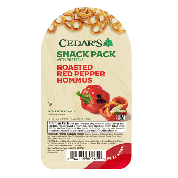 Cedar's Foods Roasted Red Pepper Hommus with Pretzels