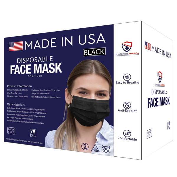 Sovereign America Disposable Face Mask, Adult Use, Black, 75 ct