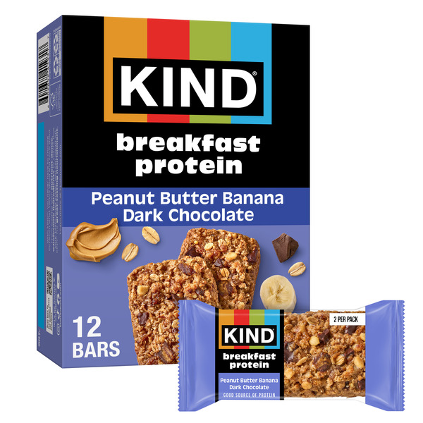KIND Breakfast Peanut Butter Banana Dark Chocolate Gluten Free Protein Snack Bars, 1.76 oz, 12 Count